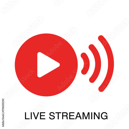 Red play button with sound waves indicating live streaming.