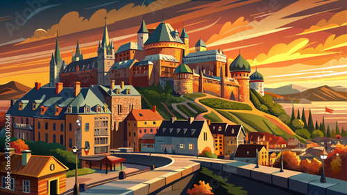 Quebec Old Town, Canada, charms with fortified walls, cobblestone streets, and elegant plazas perched above the St. Lawrence River beneath a crisp northern sunset.