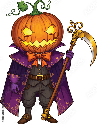 Cartoon pumpkin head man with scythe isolated on white background