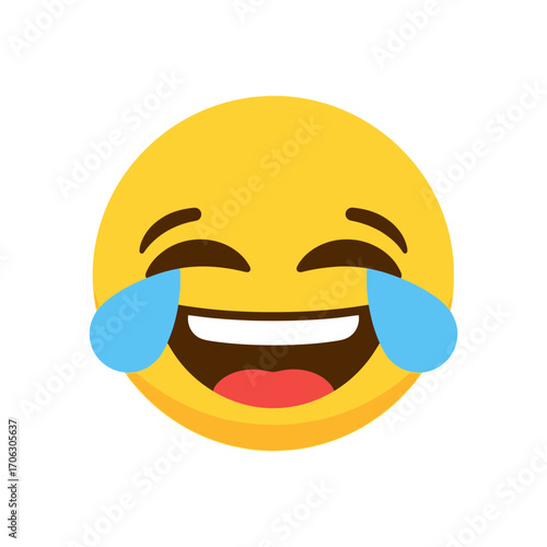 Yellow smiley face with tears of joy and wide open mouth.