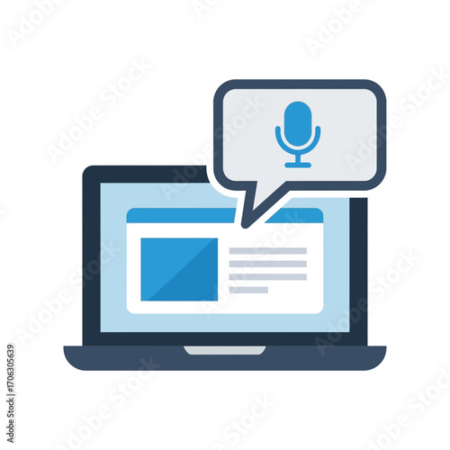Laptop displaying information with a speech bubble and microphone icon.