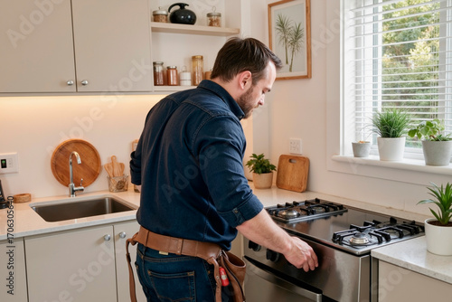 man standing in modern kitchen adjusting gas stove knob with right hand, wearing tool belt around waist, surrounded by countertop appliances and potted plants