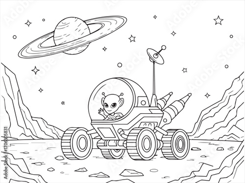 Cartoon astronaut driving space rover on alien planet surface with stars and planet in background black and white line drawing coloring page illustration for children and adults space exploration art