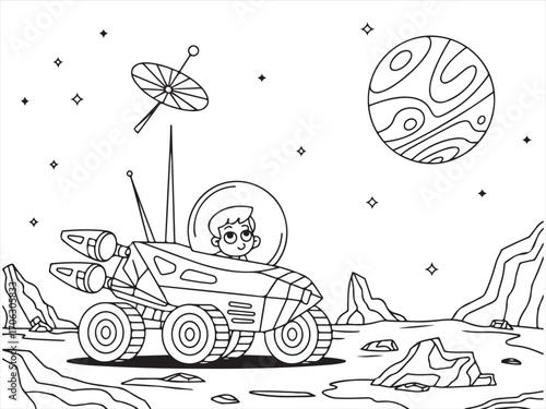 Cartoon astronaut exploring alien planet in space rover coloring page illustration