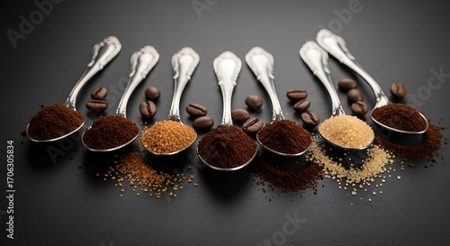 Coffee Beans and Grounds in Spoons.
