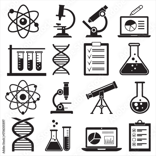 Minimal education and science glyph icon set featuring atom, microscope, test tube, flask, telescope, DNA helix, laptop, checklist, and clipboard symbols. Designed in simple black silhouette style wit
