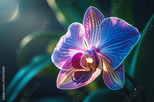 Wallpaper Mural Glowing purple pink and blue orchid close up macro shot. Vibrant tropical flower petals illuminated with neon light, exotic botanical bloom detail.
 Torontodigital.ca