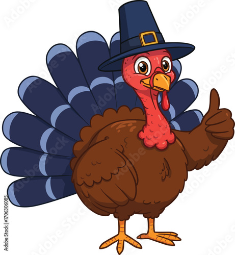 Thanksgiving turkey wearing pilgrim hat isolated on white background cartoon