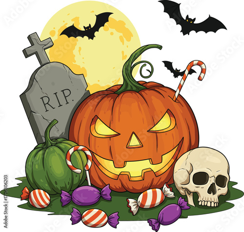 Halloween night scene with pumpkin, bats, skull, tombstone isolated on white background