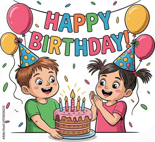 Happy kids celebrating birthday party with colorful balloons, party hats, smiling children holding cake with candles, festive fun and joy