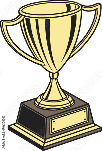 Vector art of a golden trophy with two handles and a blank plaque on a dark base, isolated on a