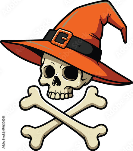 Skull wearing a witch hat with crossbones isolated on white background