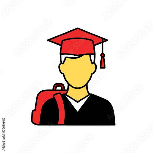 Colorful line icon of a young graduate wearing a mortarboard cap and gown, carrying a backpack, symbolizing the completion of higher education and academic achievement