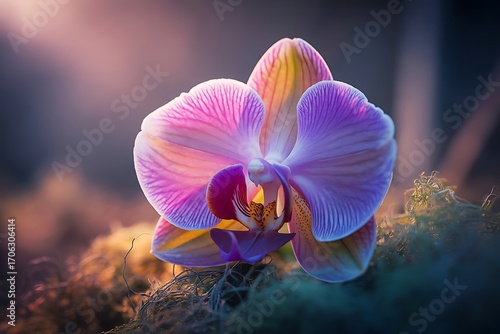 Wallpaper Mural Macro close up of tropical orchid flower glowing in blue, purple, and pink neon light. Exotic vibrant floral detail with radiant petals.
 Torontodigital.ca