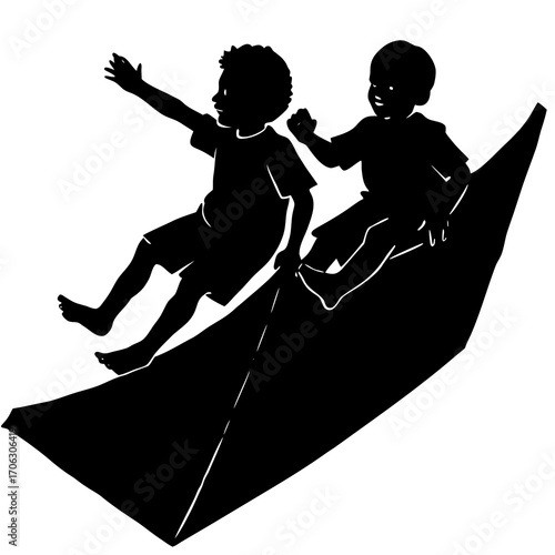 Two children silhouetted sitting on a large umbrella-like object Keywords: children, kids, boys, girls, umbrella, sail, boat, adventure, imagination, play, fun, silhouette, black and white