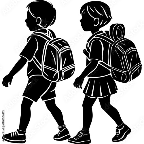 Silhouette of a boy and a girl walking with backpacks on a white background children