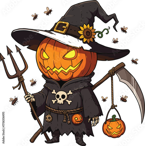Halloween pumpkin reaper with scythe isolated on white background