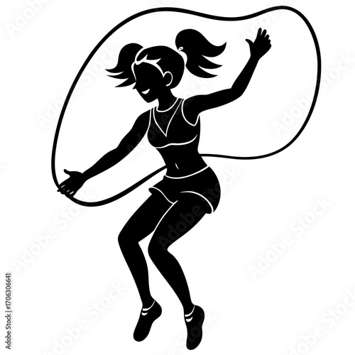 Silhouette of a fit young woman jumping with a skipping rope jumping rope fitness