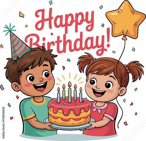 Happy kids celebrating birthday with colorful party hats, holding decorated birthday cake with candles, star balloon, smiling children fun