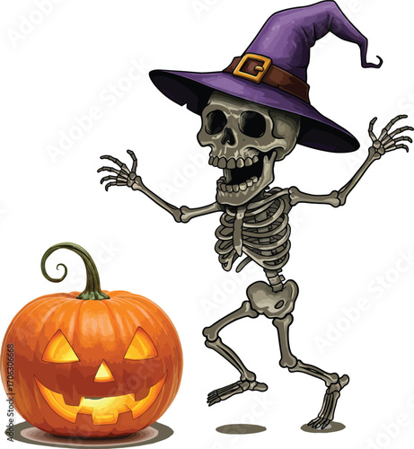 Cartoon skeleton wearing a witch hat standing next to a jack o lantern isolated on white background