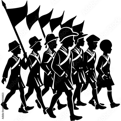 Children in uniform marching with flags in a procession on a white background kids parade