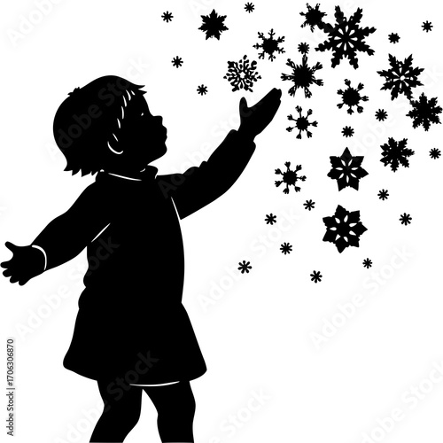 Silhouette of a child reaching up to catch snowflakes on a white background winter