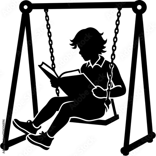 Silhouette of a child reading a book on a swing on a white background vector illustration