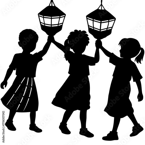 Silhouette of three children holding up lanterns on a white background vector illustration