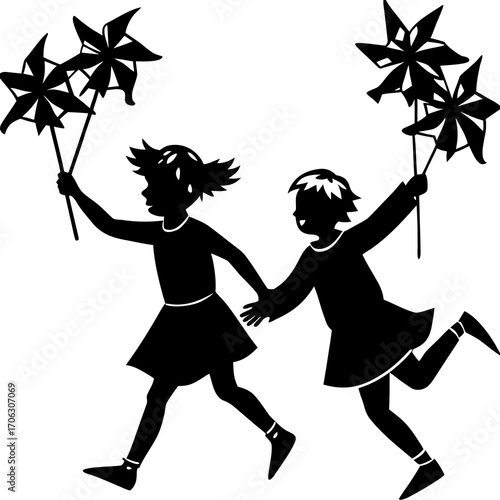 Two Children Silhouettes Running With Pinwheels on White Background kids playing