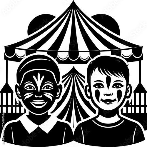 Two Children with Face Paint in Front of Circus Tent Silhouette Keywords: children, kids, face paint, circus, tent, carnival, performance, entertainment, festival, smiling, happy, joy, fun