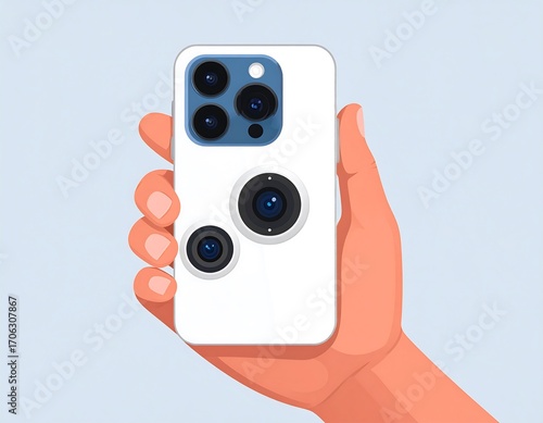 Smartphone with multiple lenses, held in a hand.  A modern, stylized illustration