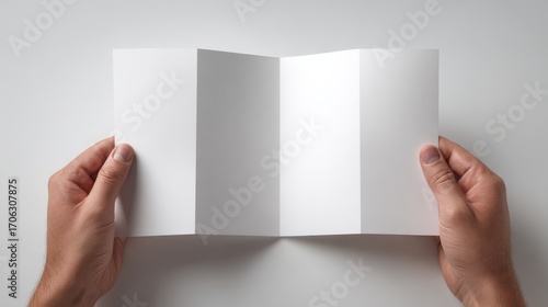 Hands Holding a Blank, Four-Panel Accordion Fold Brochure Mockup on a White Surface.