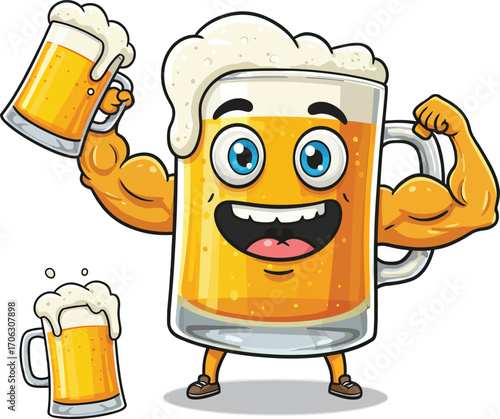 Cartoon beer mug character lifting weights isolated on white background