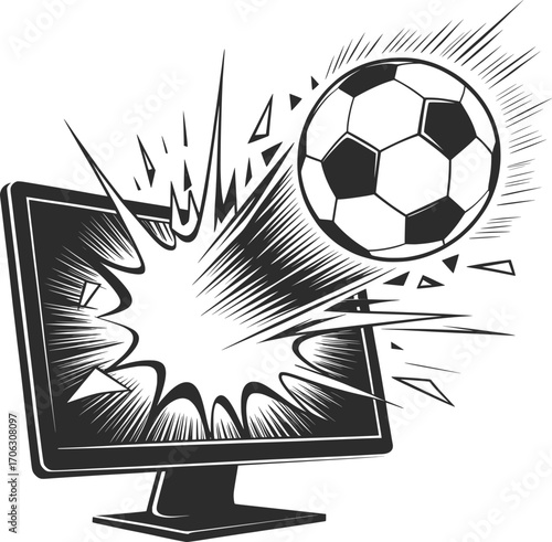 Soccer Ball Breaking Computer Screen Vector Illustration.