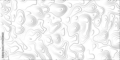 Abstract topographic contour map lines pattern in black and white gradient, representing elevation changes and terrain forms, ideal for science and geography backgrounds