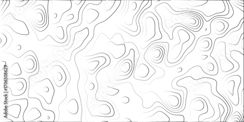 Abstract topographic contour map lines pattern in black and white gradient, representing elevation changes and terrain forms, ideal for science and geography backgrounds