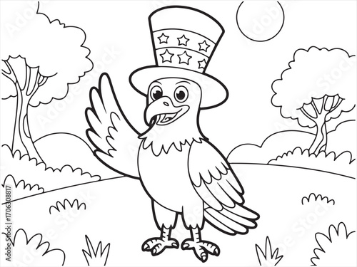 Black and white coloring page of eagle wearing patriotic hat for kids