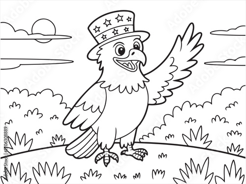 Funny bald eagle mascot wearing hat standing on hilltop line drawing