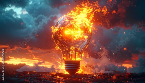 Burning lightbulb against dramatic sunset