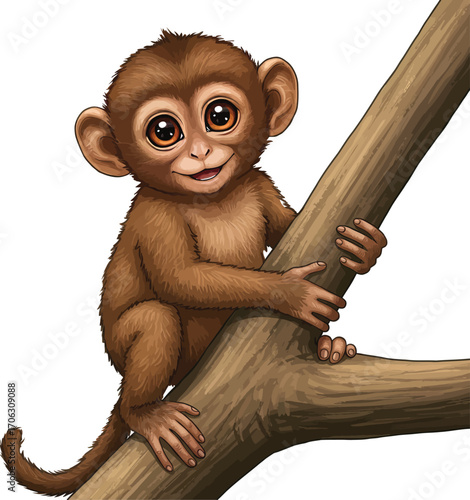 Cute baby monkey clinging to a branch isolated on white background