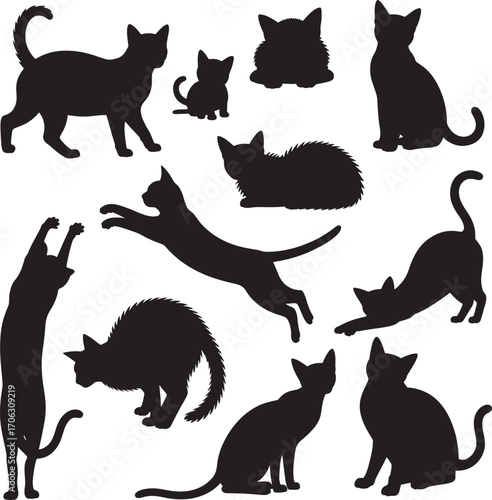 playful cat silhouette in various poses. cat vector are Perfect for pet themed vector illustrations. Captures the essence of feline behavior and movement