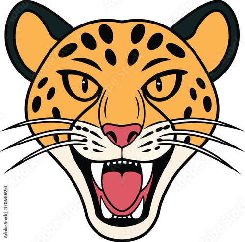 Vector art of aggressive jaguar head roaring with open mouth, sharp teeth, and piercing eyes