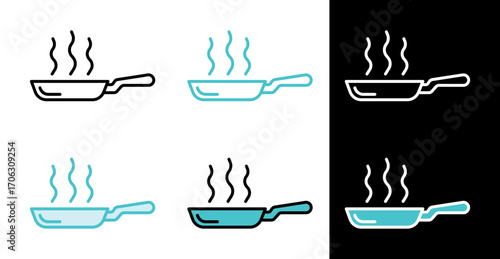 Hot frying pan with steam icon for cooking and kitchen recipes in line and fill style