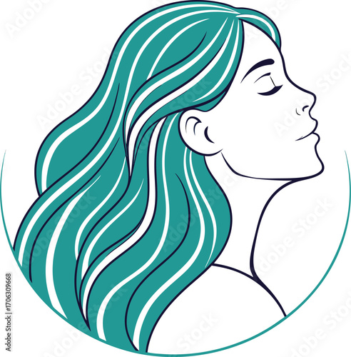Vector art of stylized illustration of a womans profile with flowing teal hair, serene expression, and