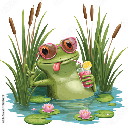 Cartoon frog enjoying a drink in a pond isolated on white background