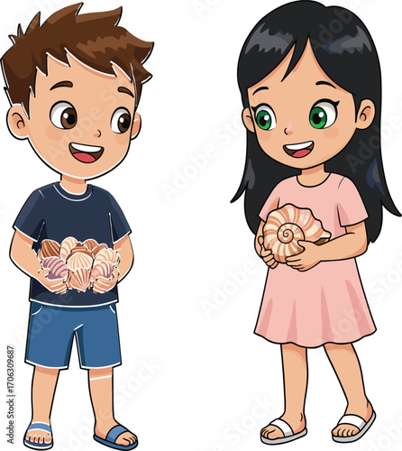 Cartoon children holding seashells in summer beach outfit, smiling boy and girl exploring nature, marine life learning fun illustration