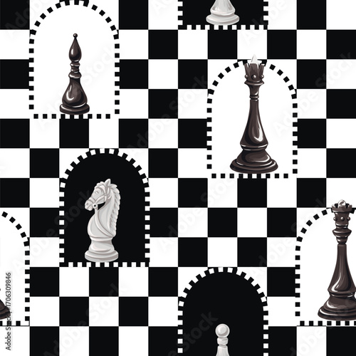 Seamless Chess Pieces Vector Pattern Featuring Classic Black and White King Queen Rook Knights