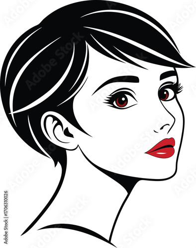Vector art of stylized illustration of a womans face with short black hair and red lipstick