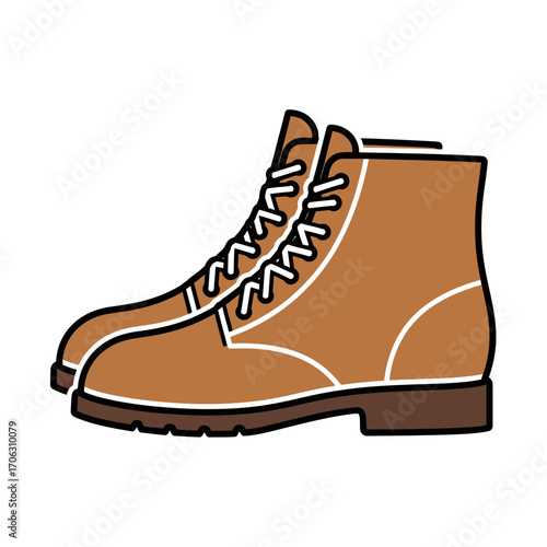 Pair of brown leather work boots with white laces.