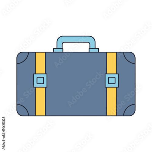 A blue suitcase with yellow straps and a handle.